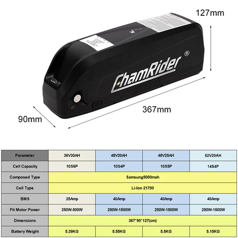 ChamRider Ebike Battery 48V25AH Hailong Max BMS APP GPS Max to 1500W 21700 Cell 13S5P