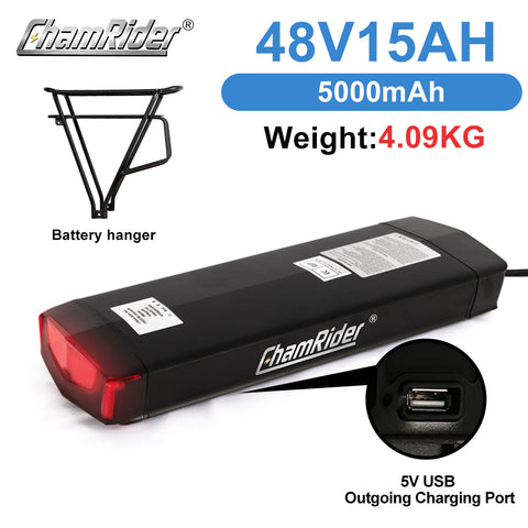 ChamRider E-bike Battery For Rear Rack Model C Extended Battery 36V 48V 52v 15AH 20AH Samaung50G cell Electric Bike Bicycle Battery for Bike Lithium Li-ion Battery Pack Bafang ChamRider